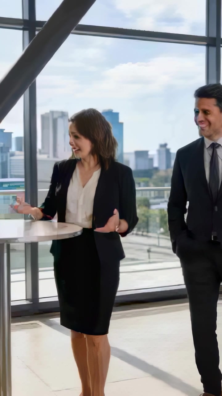 Vídeo vertical: Começando a falar, mulher de blazer virando-se à mesa, horizonte da cidade, homem de terno sorrindo.
