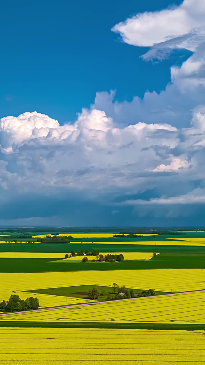 Cumulus storm clouds with rain move across canola fields in aerial hyperlapse, vertical