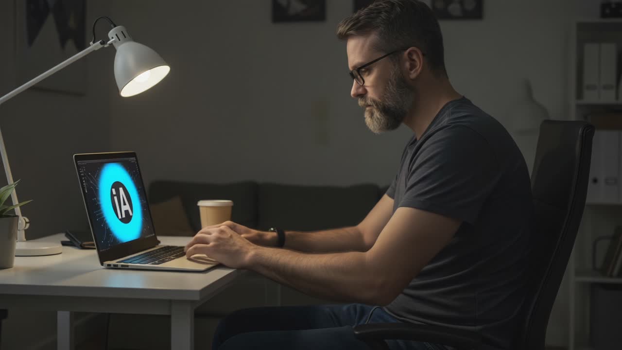 Focused Professional Engaged in Creative Work at Night: A Man Using Laptop for Digital Innovation and Problem Solving with Coffee Nearby