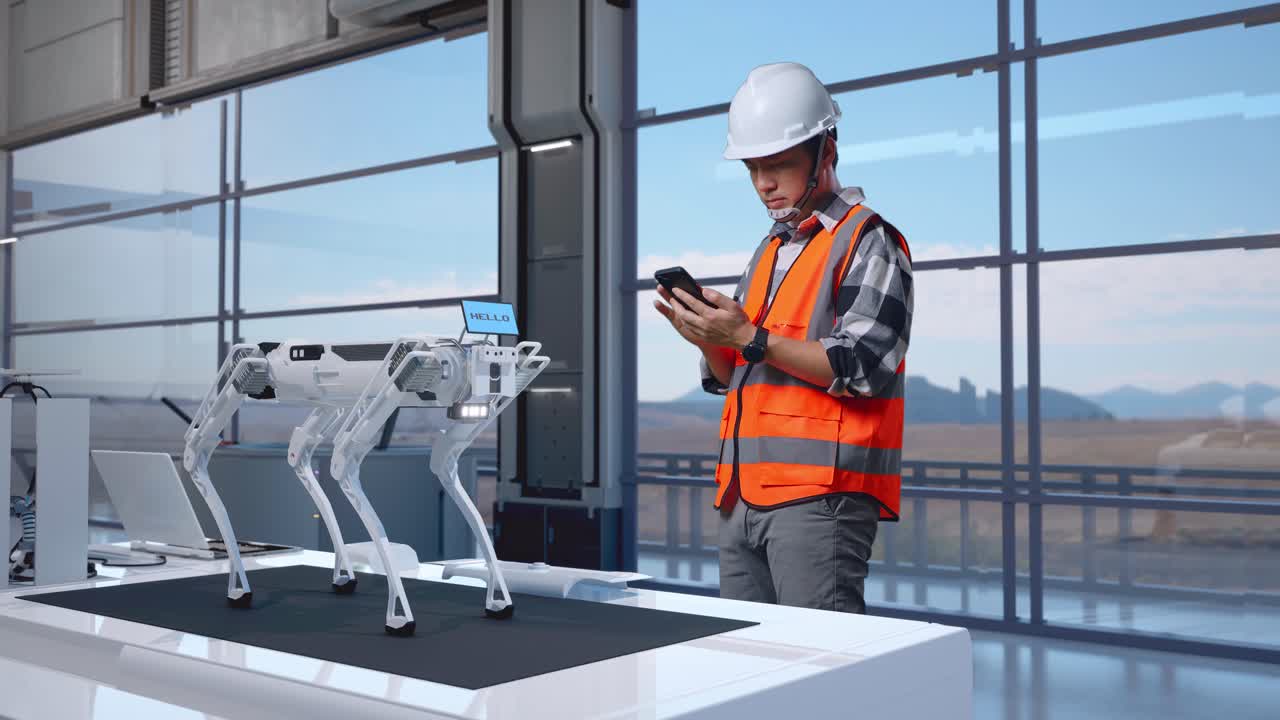 vista lateral completa del cuerpo de un ingeniero masculino asiático con casco de seguridad usando un teléfono inteligente mientras está de pie en una fábrica de alta tecnología, analizando el concepto de máquina robótica