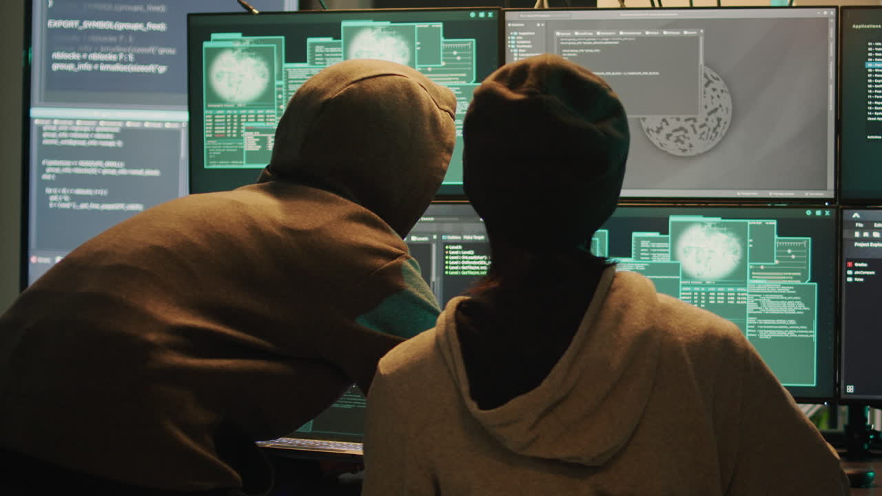 Hackers working on multiple monitors