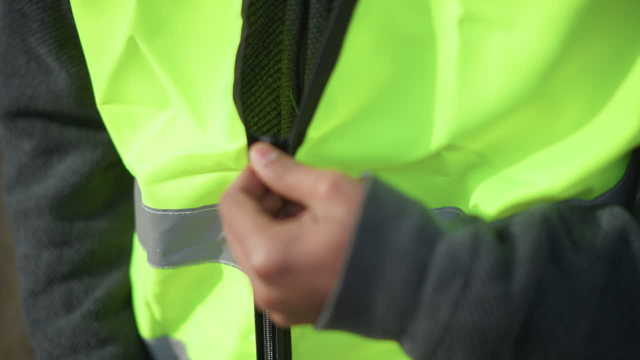 Close-up view of neon green reflective safety vest with partially open zipper, featuring bright high-visibility fabric and horizontal silver reflective stripes