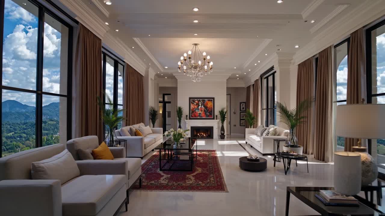 Elegant interior living space showcasing modern design, featuring plush sofas, decorative elements, and panoramic windows, creating a bright and inviting atmosphere with stunning views