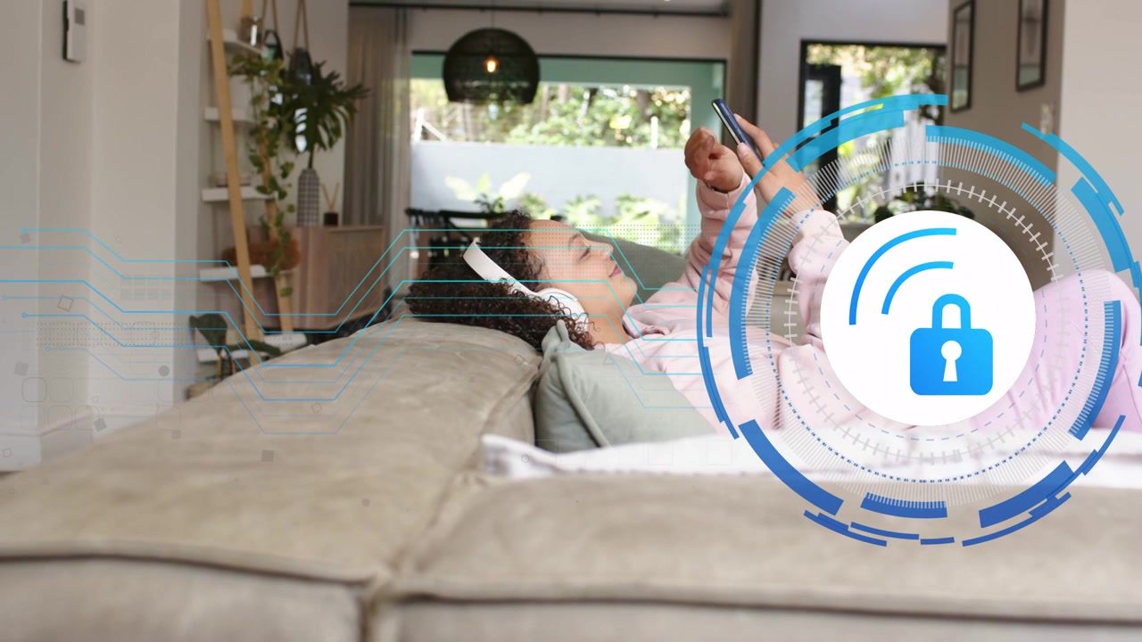 Woman reclining on sofa holding phone and tapping, activating padlock graphic showing tech security
