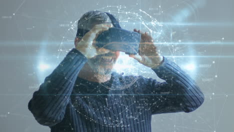 animación del globo de conexiones sobre el hombre caucásico usando auriculares vr
