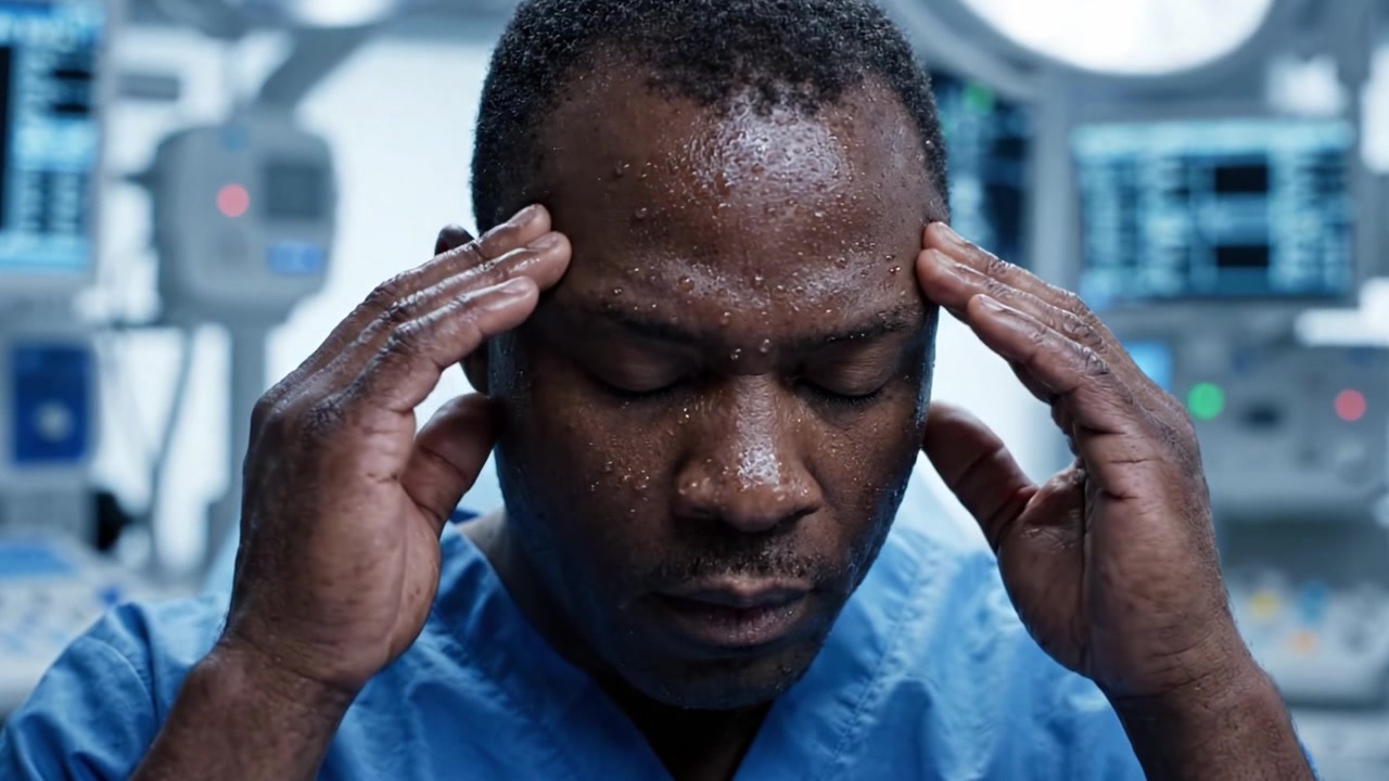 Anxiety and Determination: A Medical Professional's Journey Through Stressful Moments in the Operating Room Captured in Two Frames of Resilience and Focus.