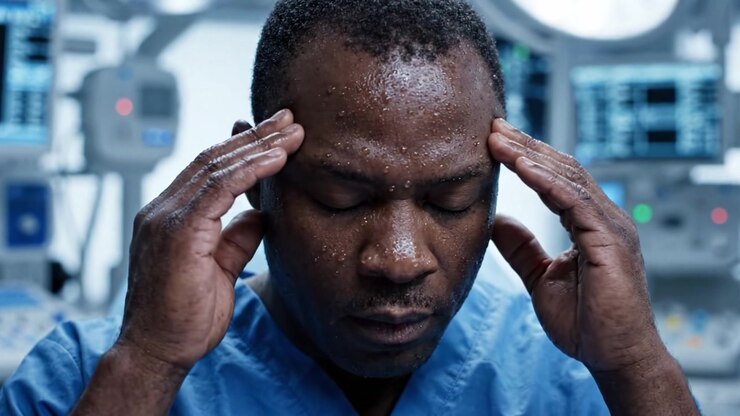 Anxiety and Determination: A Medical Professional's Journey Through Stressful Moments in the Operating Room Captured in Two Frames of Resilience and Focus.