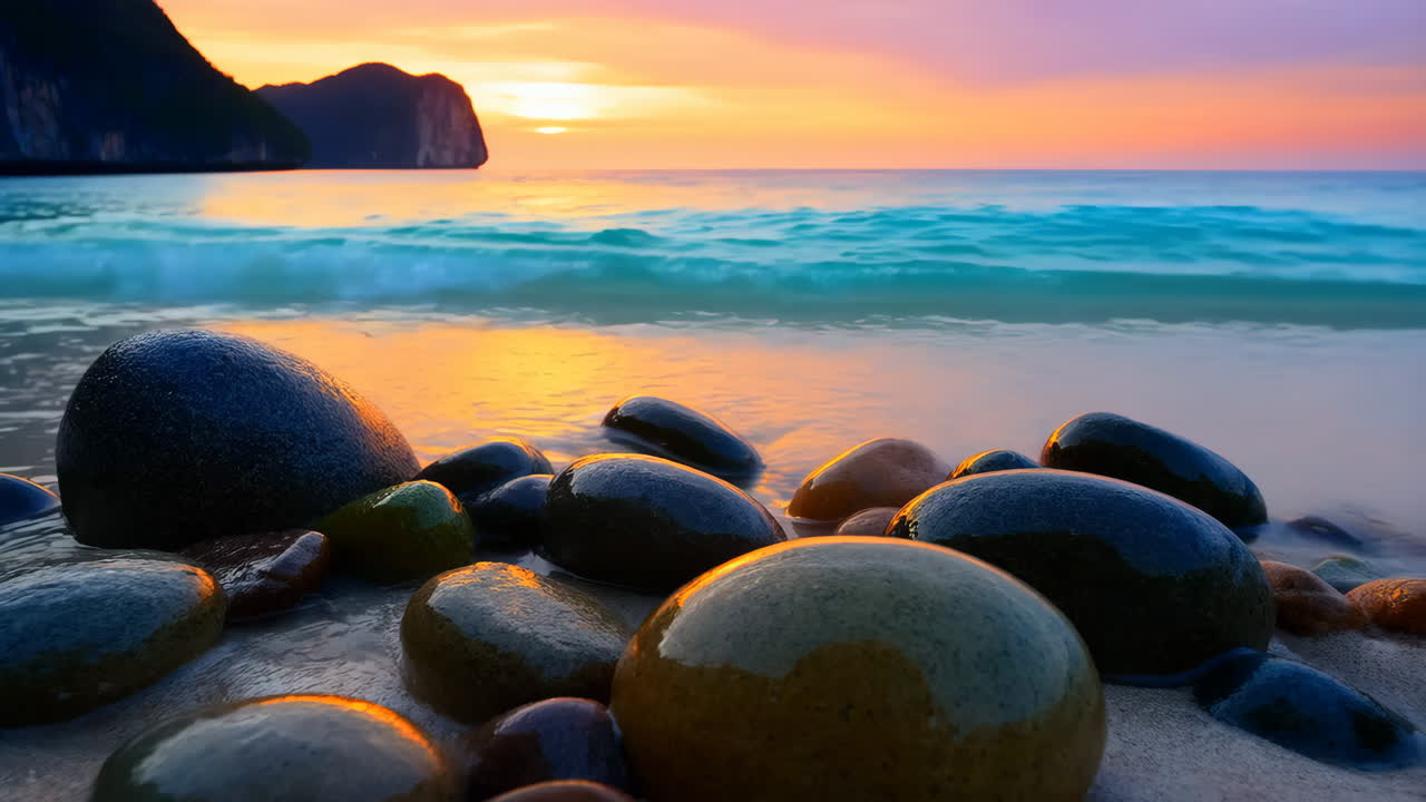 Vagues de l’océan se brisant sur des rochers lisses sur une plage tropicale au coucher du soleil