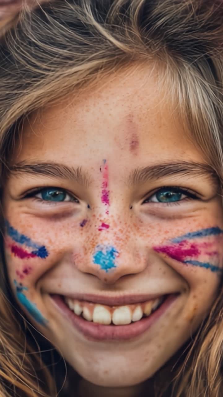 Ein fröhliches Kind mit bunter Gesichtsbemalung, das Glück, Heiterkeit und Unschuld ausstrahlt, festgehalten in zwei bezaubernden Bildern purer Freude