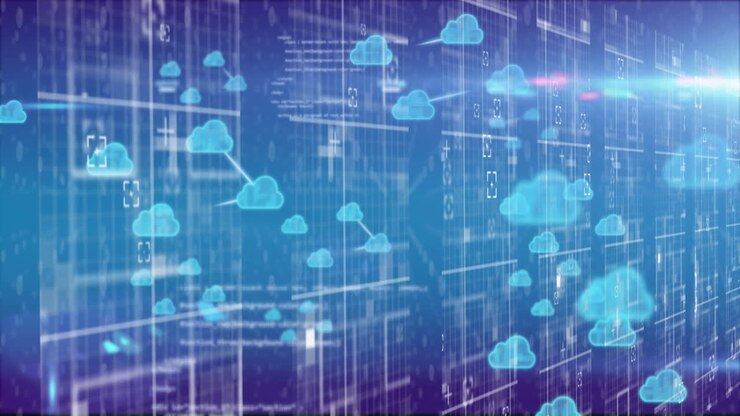 Animation of cloud icons, data processing and connections over computer servers