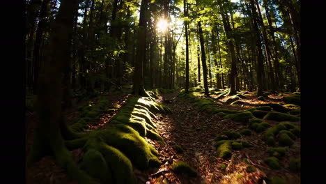 mountainous forest landscape with river and sunlight
