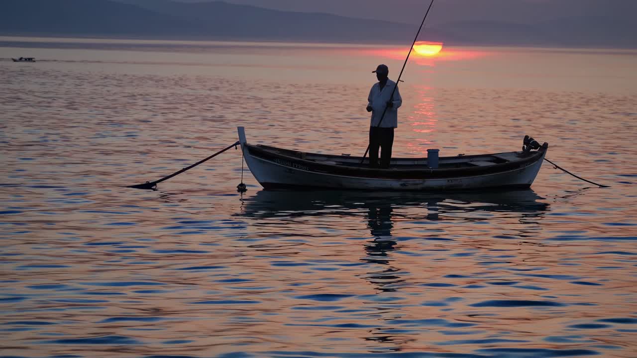 Silhouette of a fisherman standing on his small boat and fishing during a beautiful sunset over the calm sea, creating a peaceful and serene atmosphere