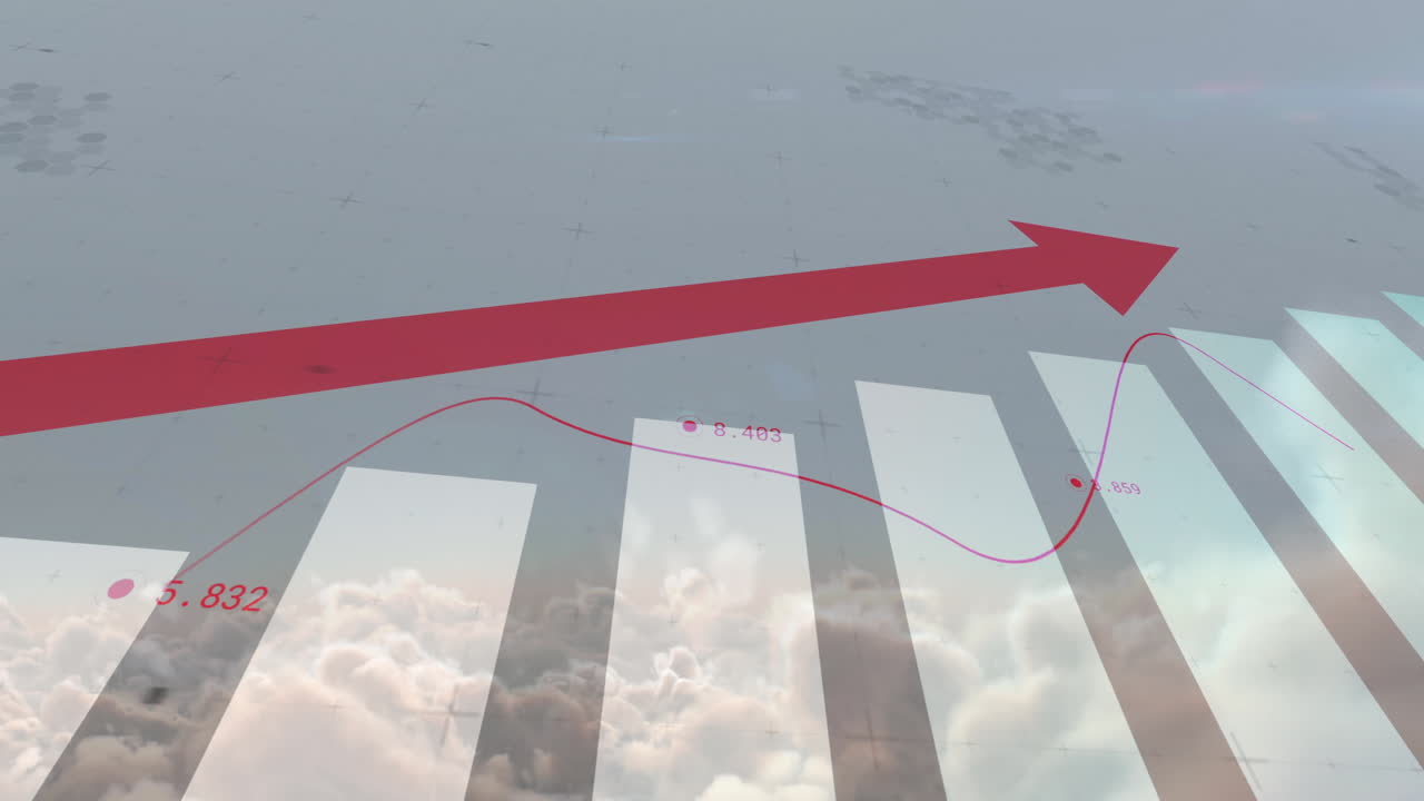Red arrow and line graph animation over clouds and bar chart