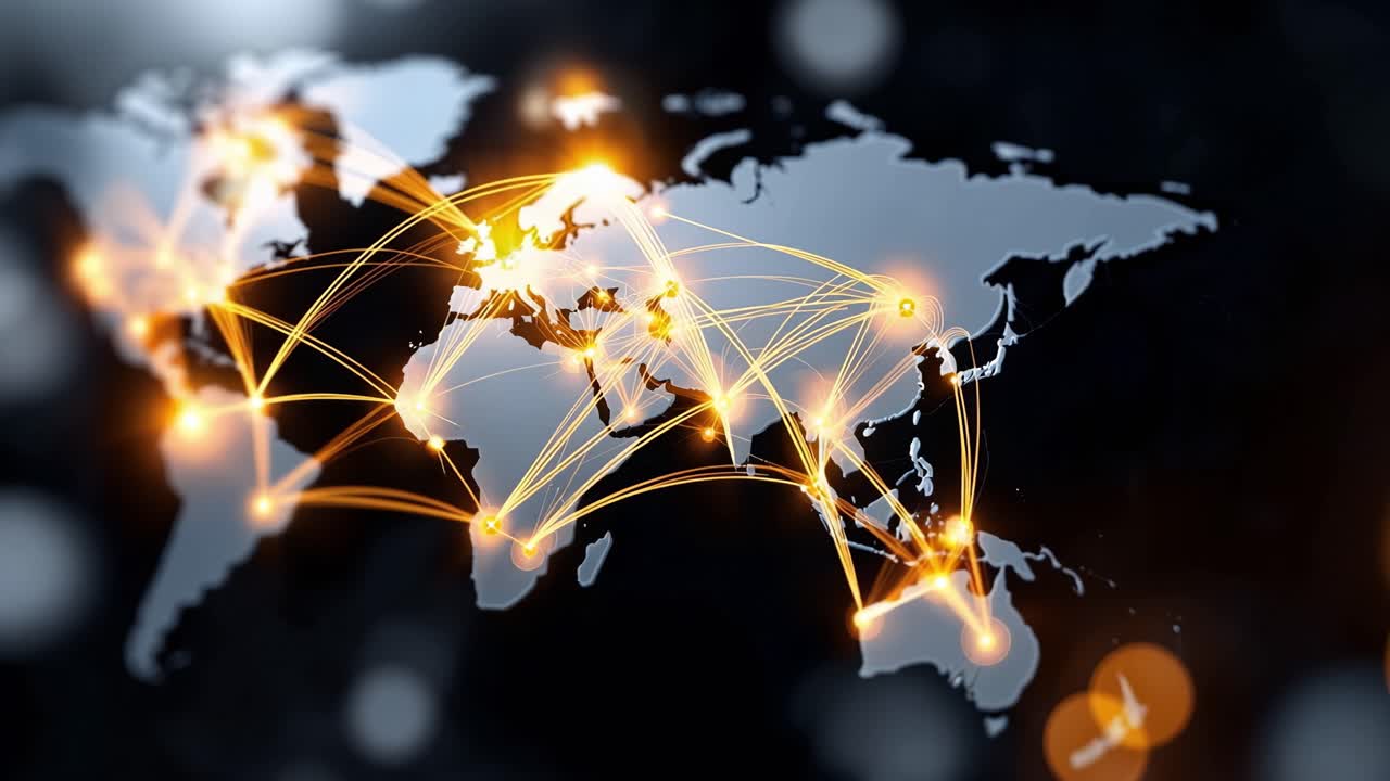 Global Network Connections on World Map with Glowing Lines