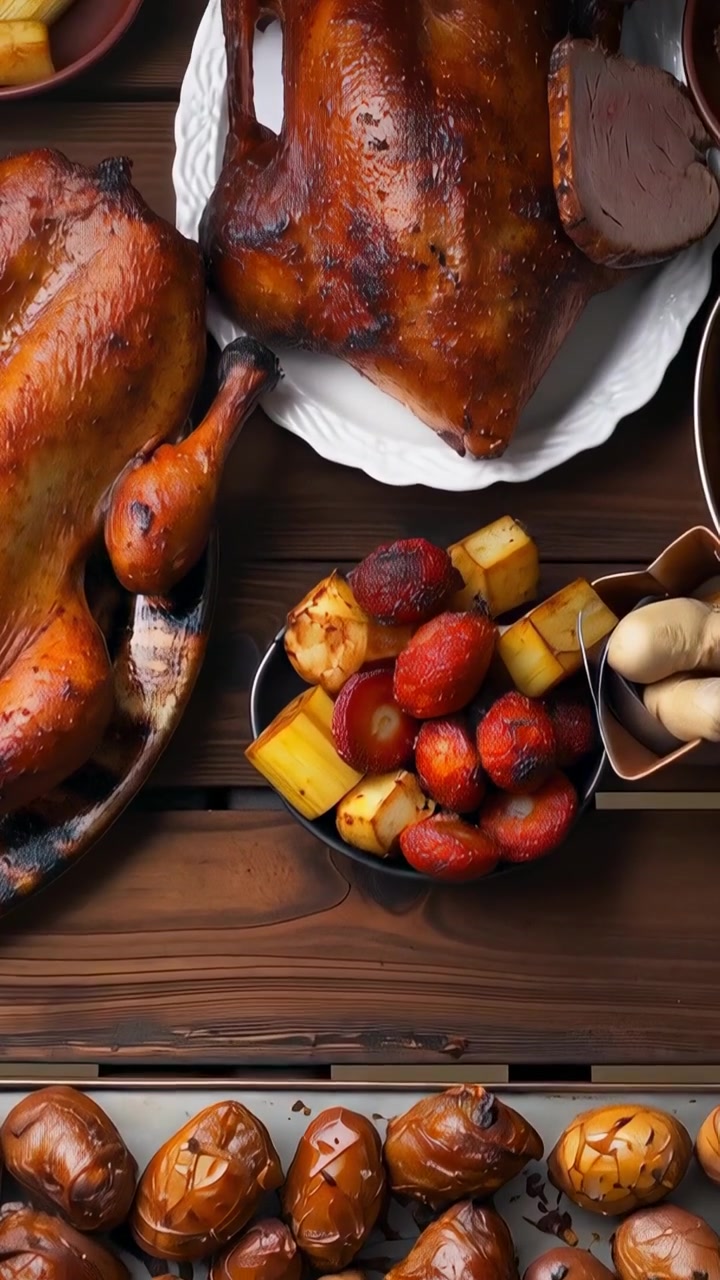 Vertical video: Pulling up camera showing roasted tubers on wood with roast bird and bowl for meal