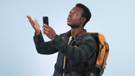 man, phone and problem for hiker with connection