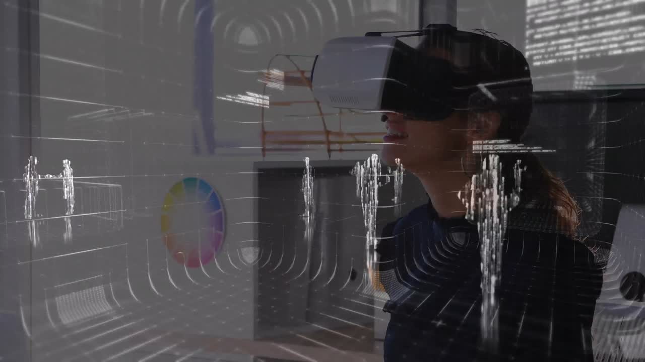Animace zpracování finančních dat přes obchodnici používající VR headset