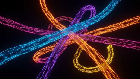 a dynamic visualization of colorful intertwined neon lines in motion, showcasing vibrant light patterns and fluid movement against a dark background