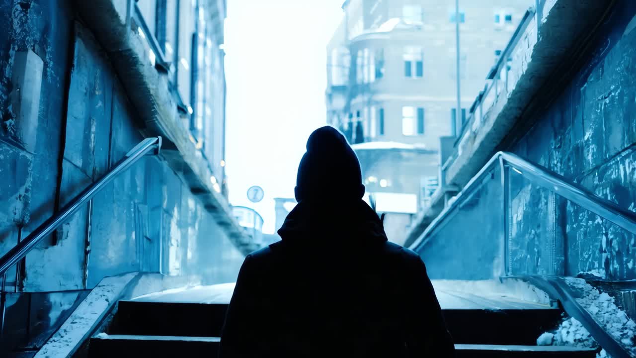 Silhouetted male ascending dimly lit urban stairway, moving from shadowy underpass toward promising brightness, symbolizing personal journey and transformative transition