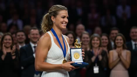 celebrating achievement: an elated athlete graces the stage, holding a prestigious award amidst an enthusiastic crowd of supporters and applause