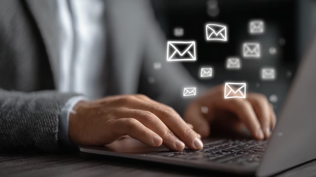 A focused individual interacting with a laptop, sending and receiving messages as visualized by animated envelopes, embodies the essence of modern communication
