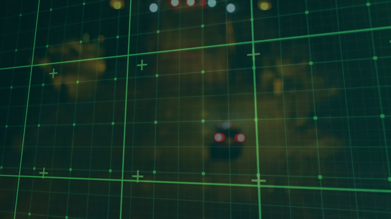 Green grid overlay locking onto red tail lights and tracking vehicle moving down road for targeting
