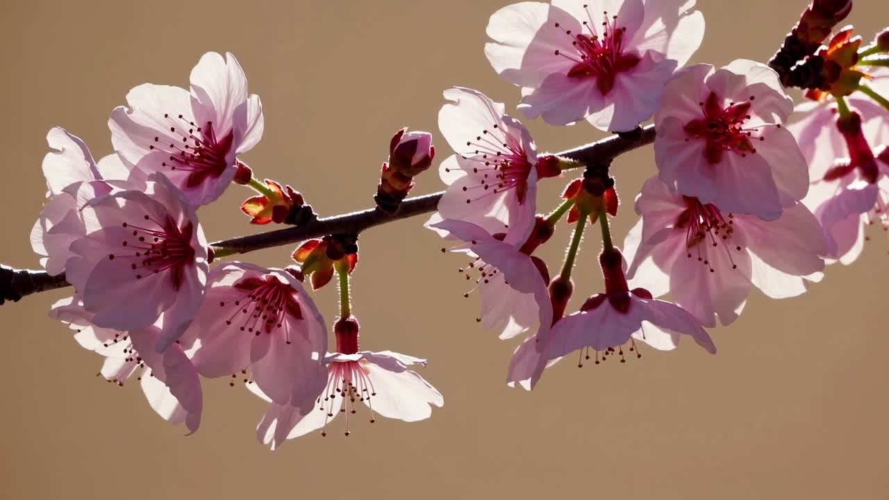 The video captures delicate cherry blossoms swaying gently in the breeze, showcasing their vibrant