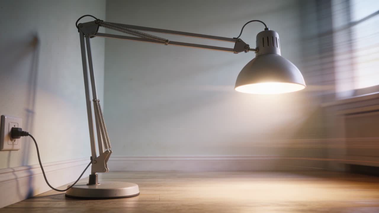 Interruttore che si aziona, lampada da scrivania che si inclina, fascio di luce che spazza il pavimento vicino a delle persiane che creano striature, cavo collegato
