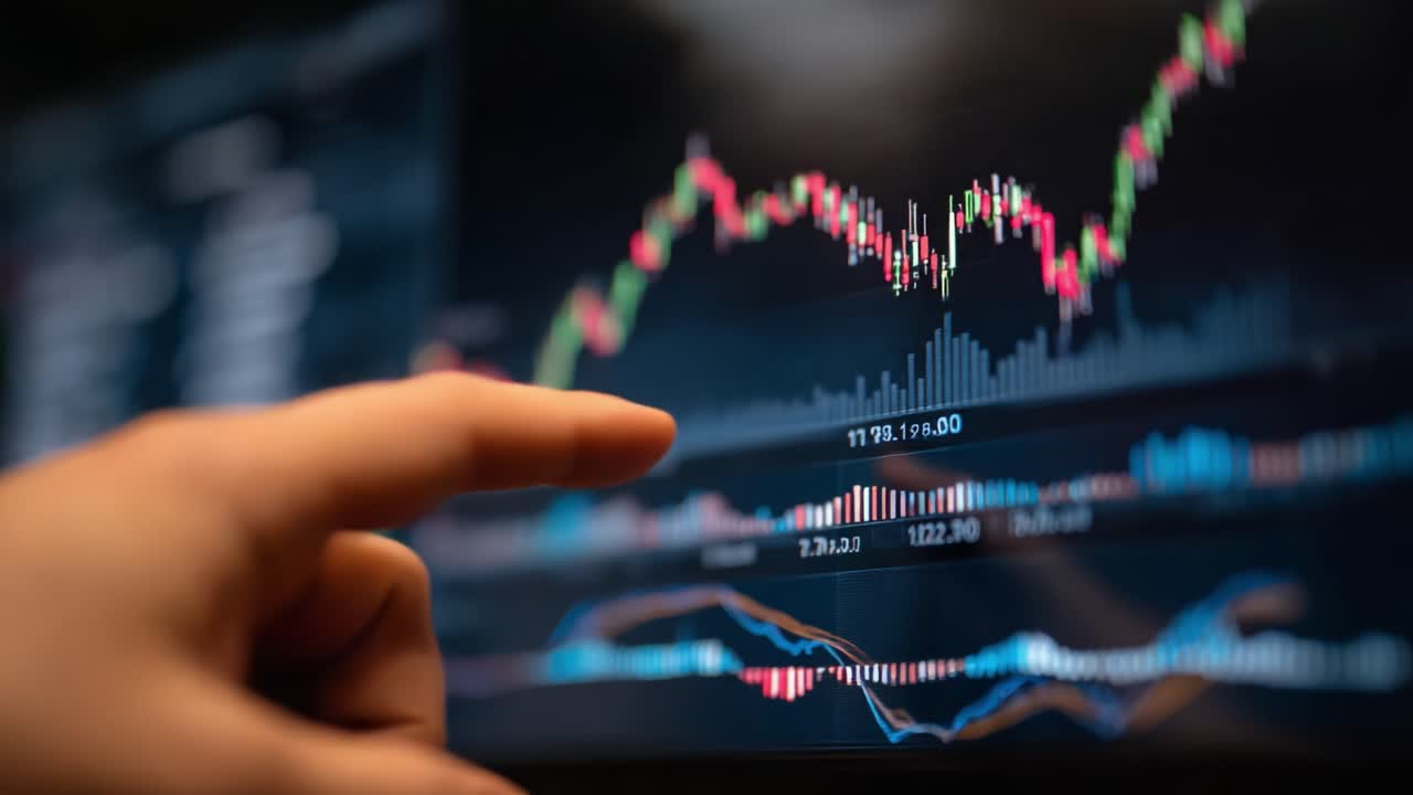 An Insightful Look at Stock Market Trends Through Data Visualization, Showcasing Dynamic Price Movements and Trading Indicators on a Digital Display