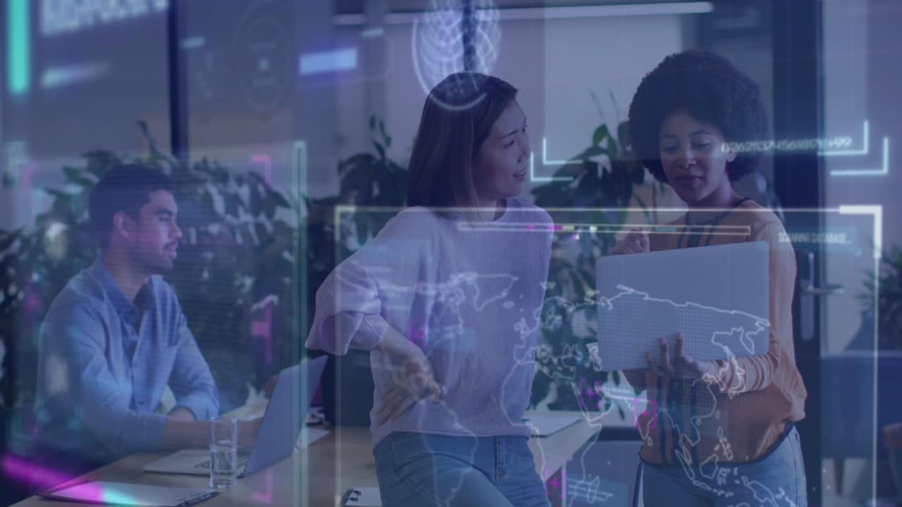 Discussing digital data animation, diverse colleagues in modern office environment