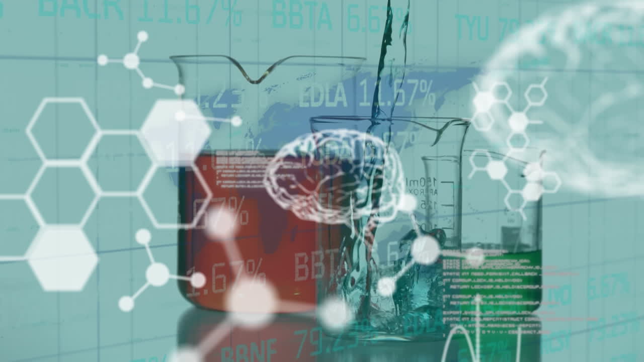 Animation of human brains and scientific data processing over laboratory beakers