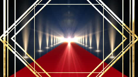 animation of gold line pattern over red carpet venue, with rows of spotlights