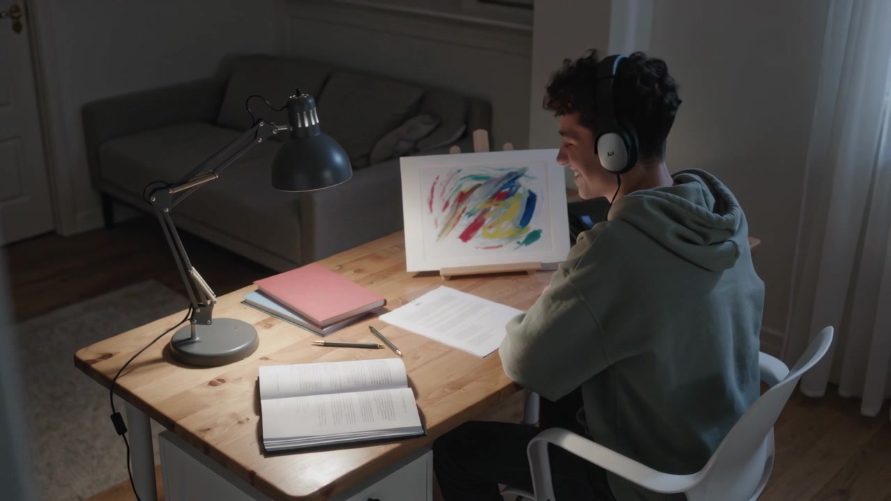 Lamp casting glow, man adjusting headset, turning to painting, reading notes for work at home desk