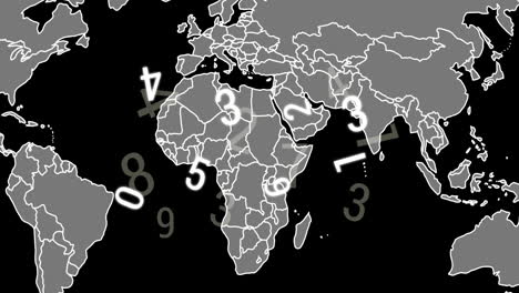 animación de números y mapa del mundo y procesamiento de datos sobre fondo negro
