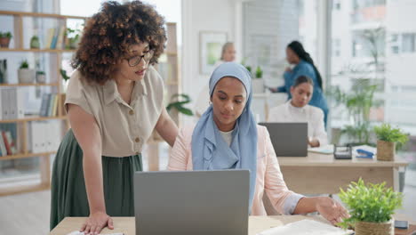 business women, training and teamwork on computer