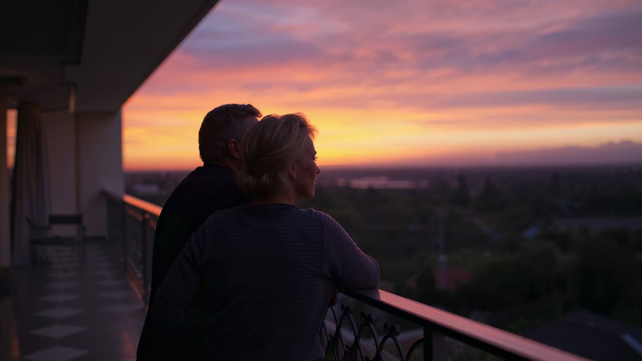 Watching sunset descending, older couple leaning on balcony railing, in sweaters facing horizon