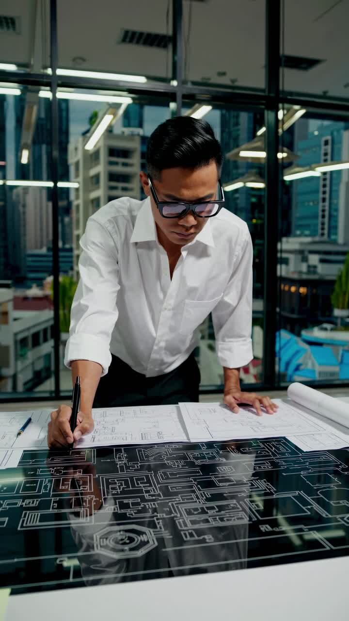 A professional man reviews architectural blueprints on a digital table