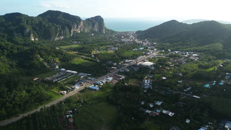 Central-road-of-Ao-Nang-township,-Thailand-in-aerial-view