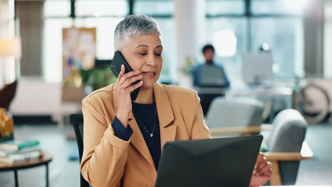 Businesswoman Talking on the Phone and Working on a Laptop in an Office