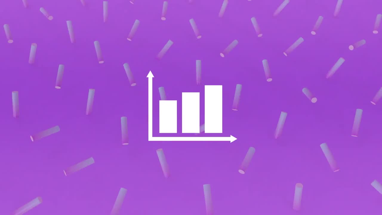 Animation of statistics and data processing over abstract shapes on purple background