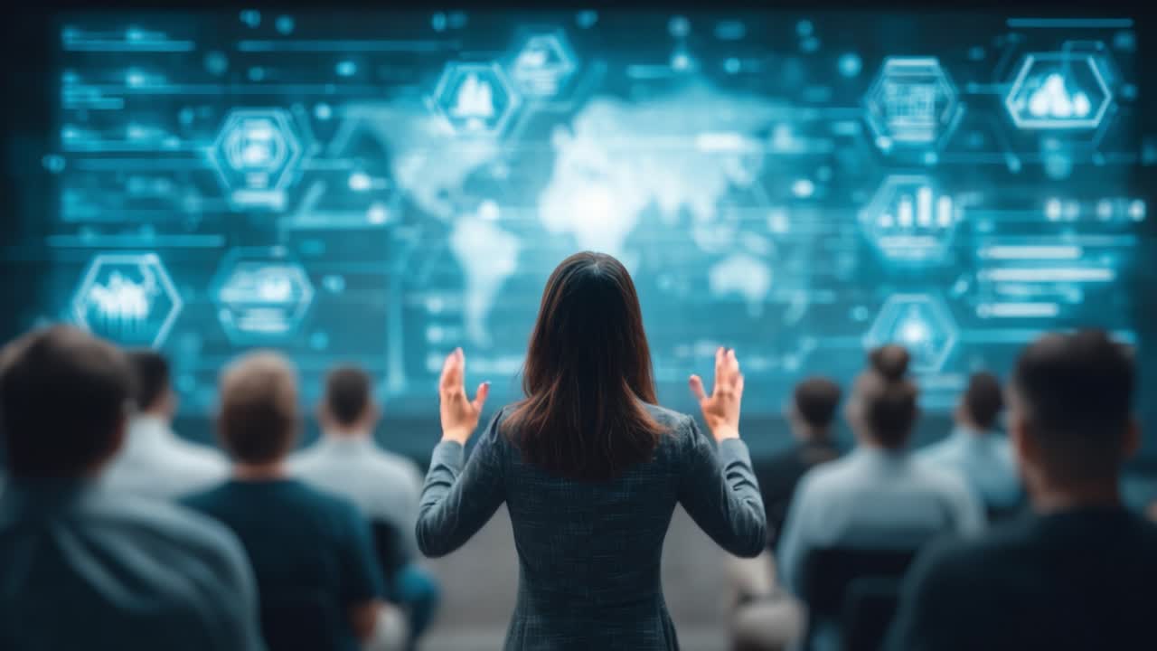 An Engaging Presentation on Data Insights: A Speaker Captivates an Audience with Dynamic Visualizations and Thought-Provoking Analysis in a Modern Learning Environment