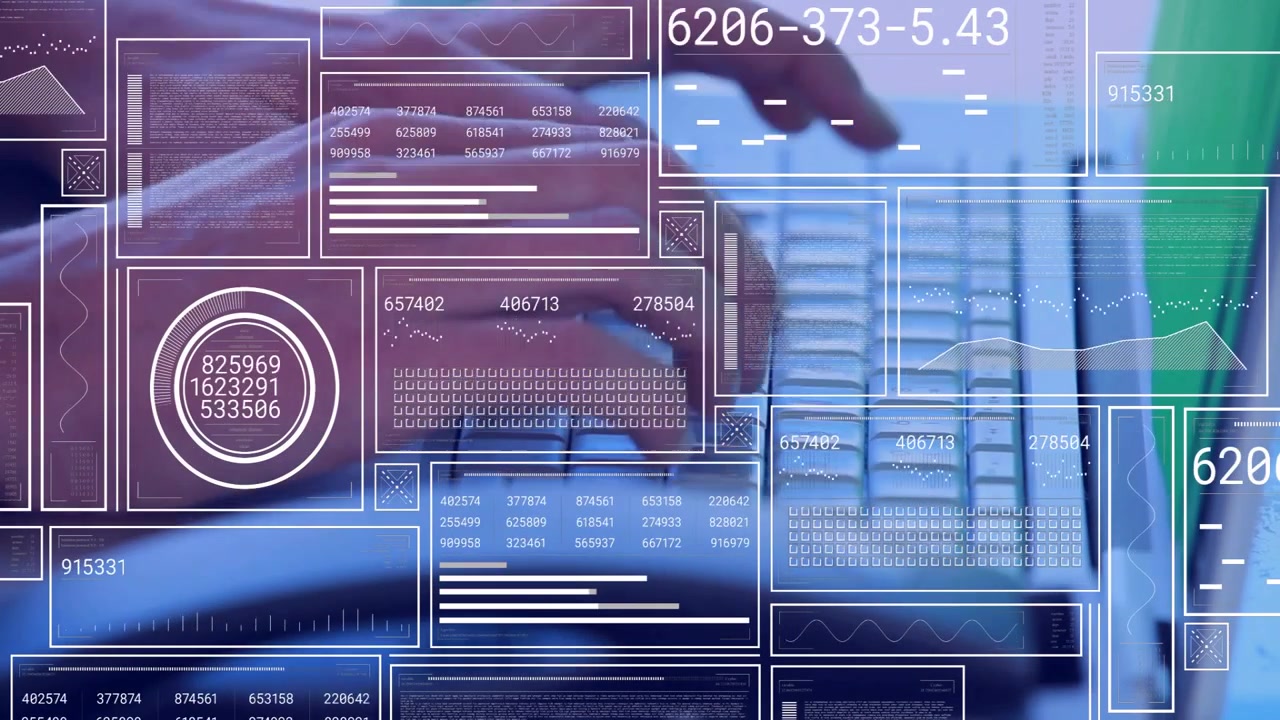 Typist's hands responding to HUD fade-in, typing and updating numeric readouts for tech monitoring