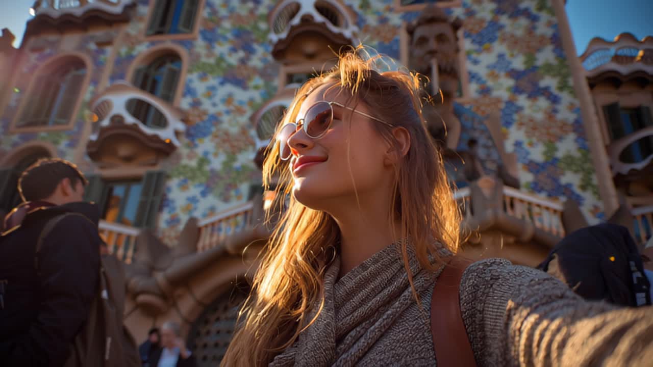 Primo piano di una giovane donna viaggiatrice sorridente che si scatta un selfie all'aperto davanti a una facciata a mosaico colorata con un bagliore solare, concetto di stile di vita turistico a Barcellona, Spagna