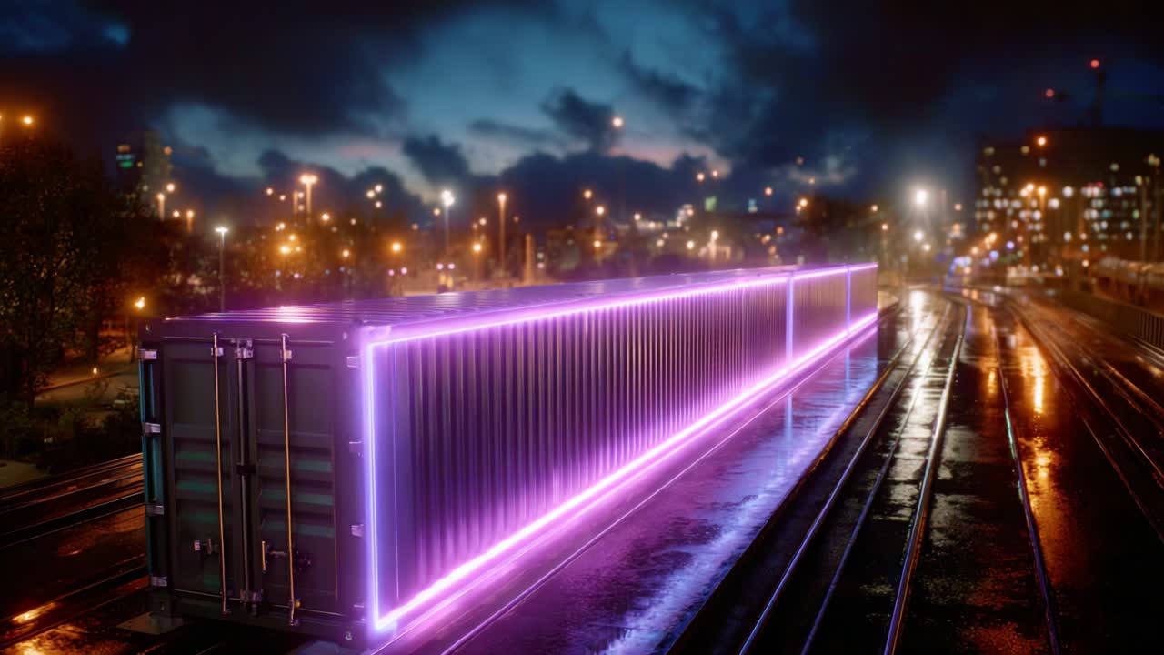 A Stunning Display of Light and Color: A Radiant Shipping Container Illuminated by Vibrant Neon Stripes Against an Urban Night Cityscape, Merging Industrial Design with Artistic Expression