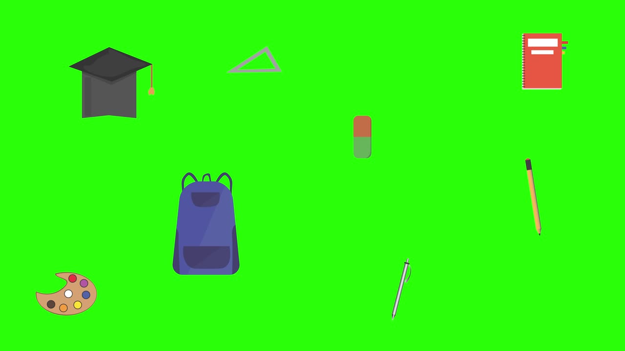 학교로 돌아가기: 초록색 화면에 있는 애니메이션 아이템, 크로마 키, 그래픽 소스