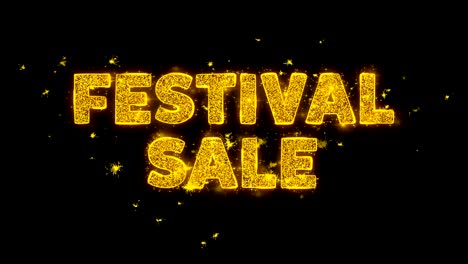 festival sale  text sparks particles on black background.
