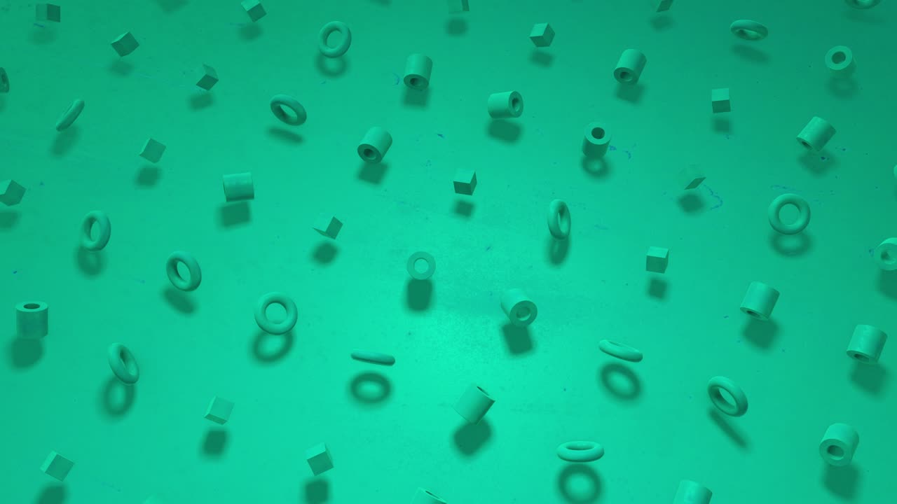 animación 3d de un fondo de contorno sin costuras de menta brillante soleada, cubos turquesa, bagels, cilindros, giratorios. genial para presentaciones. ponga su propio texto en él