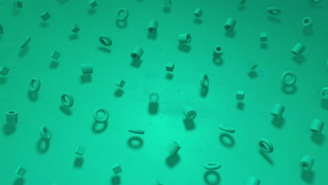 animación 3d de un fondo de contorno sin costuras de menta brillante soleada, cubos turquesa, bagels, cilindros, giratorios. genial para presentaciones. ponga su propio texto en él