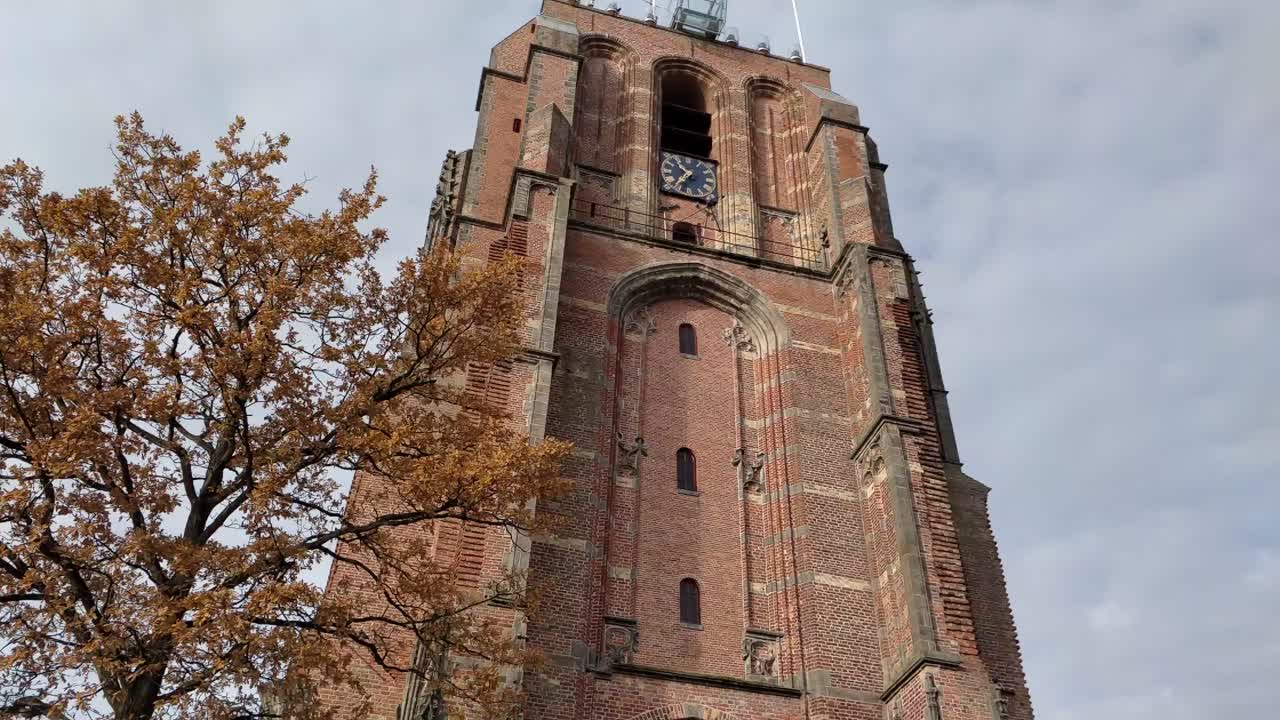 Old Church Tower Oldehove Time Lapse Leeuwarden pan left to right