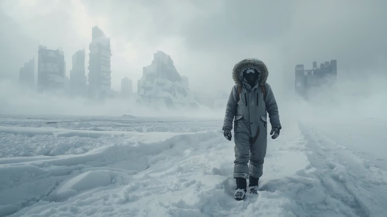 Taking step explorer wearing parka with backpack advancing through frozen plain, seeking survivors